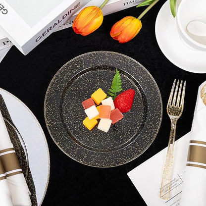 DaYammi 210PCS Gold Glitter Plastic Dinnerware Set for 30 Guests, Fancy Disposable Plates for Party, Include: 30 Dinner Plates, 30 Dessert Plates, 30 Pre Rolled Napkins with Gold Silverware, 30 Cups