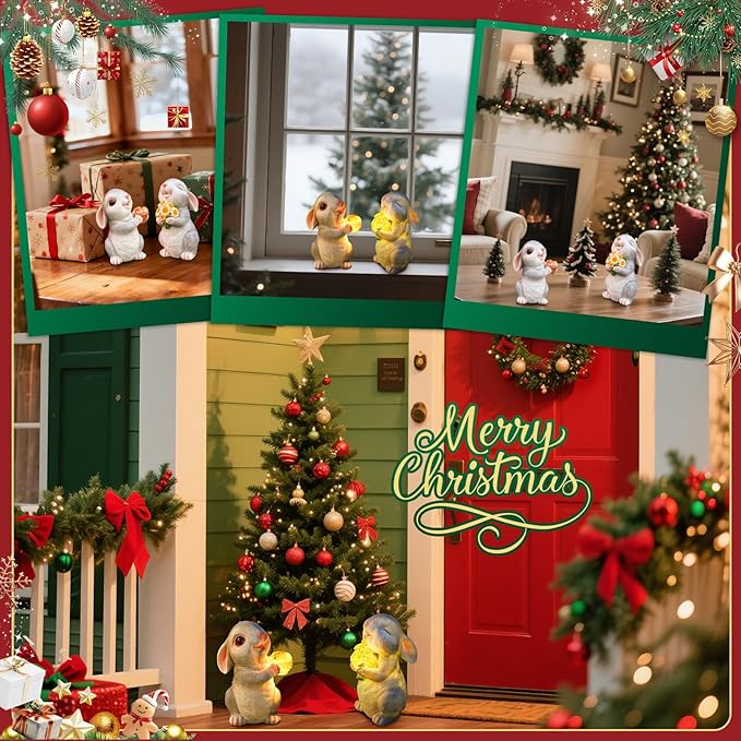 Solar Rabbit Garden Statues Outdoor Bunny Decor Resin Bunny Figurine Holding Mushroom with LED Lights for Porch Patio Lawn Yard Christmas Birthday Housewarming Gardening Gifts for Mom Grandma
