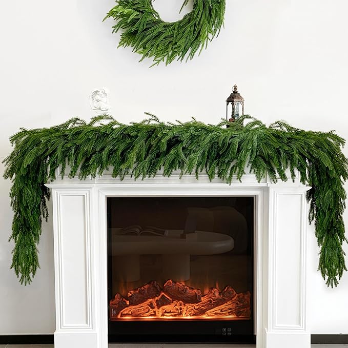 TOKCARE 6FT Real Touch Norfolk Pine Garland, 2 Pcs Artificial Christmas Greenery Garland for Mantle, Fireplace, Table, Indoor Outdoor Xmas Decor