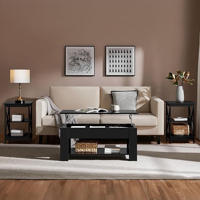 Yaheetech Modern Living Room 3 Pieces Table Sets, Lift Top Coffee Table and End Table Sets for Home and Office, Easy Assembly Accent Furniture with Hidden Compartment and Open Storage Shelf, Black