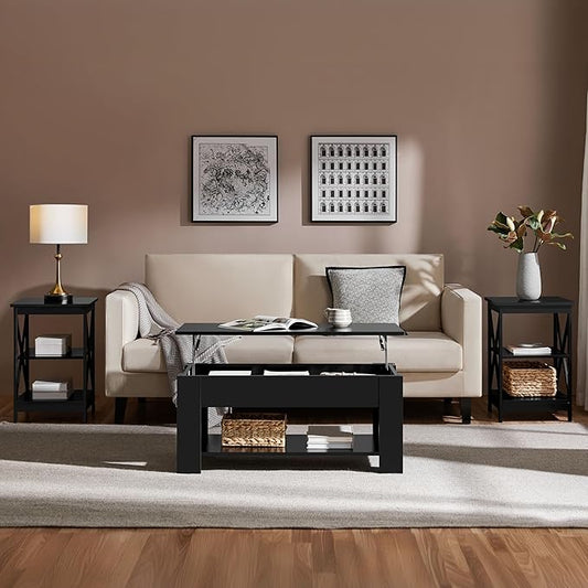 Yaheetech Modern Living Room 3 Pieces Table Sets, Lift Top Coffee Table and End Table Sets for Home and Office, Easy Assembly Accent Furniture with Hidden Compartment and Open Storage Shelf, Black
