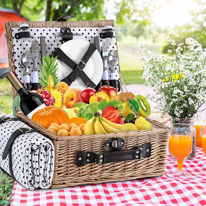 Picnic Basket for 4 Persons with Waterproof Picnic Blanket and Insulated Cooler, Large Wicker Picnic Basket for Camping, Outdoors, Valentine's Day, Christmas, Birthday, Wedding Gift