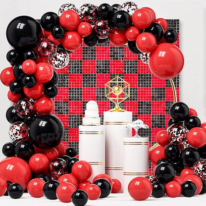 48 PCS Black Red Shimmer Wall Backdrop, Square Sequin Photo Backdrops Panel, Glitter Wall Background for Birthdays, Weddings, Halloween, Engagements, Disco Bachelorette Party Decoration (6FTx8FT)