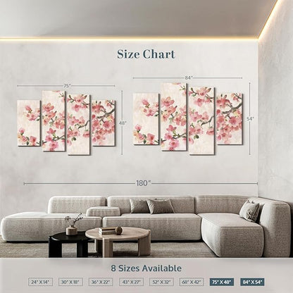 Elephant Stock Cherry Blossom Composition I Wall Art - Horizontal Canvas - 4-Piece Living Room Wall Decor - Branch Painting Canvas Print - Pink and Green Decor for Wall by Tim O'Toole - 75" X 48"