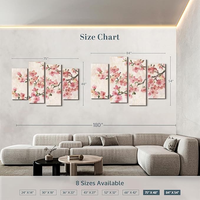 ElephantStock Cherry Blossom Composition I Wall Art - Horizontal Canvas - 4-Piece Living Room Wall Decor - Branch Painting Canvas Print - Pink and Green Decor for Wall by Tim O'Toole - 84" X 54"
