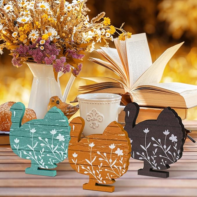 Smile 3 Pcs Wooden Blocks Colorful Turkey Signs, Thanksgiving Decor Indoor, Table Tiered Tray Kitchen Decorations