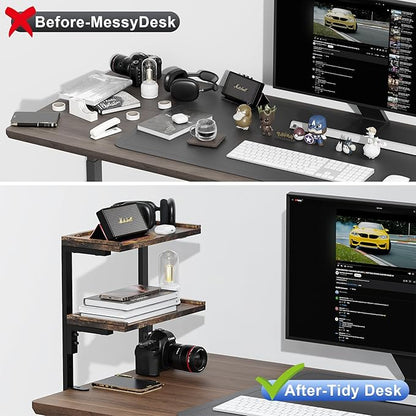 Spacrea clamp on Desk Shelf, 2 Tier Office Desk Shelves Organizer, Wood Desktop Supplies Storage Rack, Desk Organizers and Accessories (Wood)