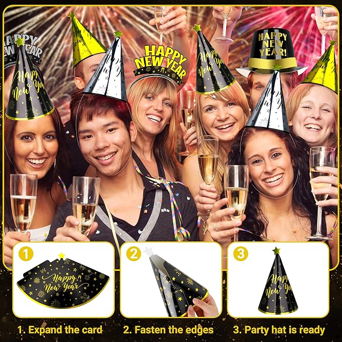 100PCS New Years Party Supplies, New Years Eve Headband 50 Guests, New Year Party Supplies, Cardboard Cone Hat Eve Hats and Tiaras Party Horns Fringed NYE Gold Black Silver