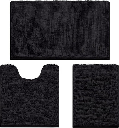 HOMEIDEAS 3 Pieces Bathroom Rugs, Ultra Soft Non Slip Absorbent Chenille Toilet Bath Mat Set (Black)
