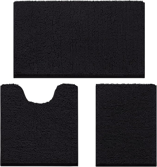 HOMEIDEAS 3 Pieces Bathroom Rugs, Ultra Soft Non Slip Absorbent Chenille Toilet Bath Mat Set (Black)