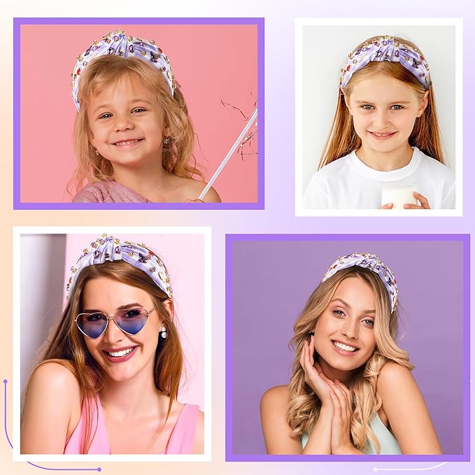 PANTIDE Music Jeweled Knotted Headband - Singer Fans Gift Guitar Red Lip Rhinestone Crystal Embellished Headband Top Knot Hair Accessories Birthday Valentine's Day Gift for Women Girl (Purple Plaid)