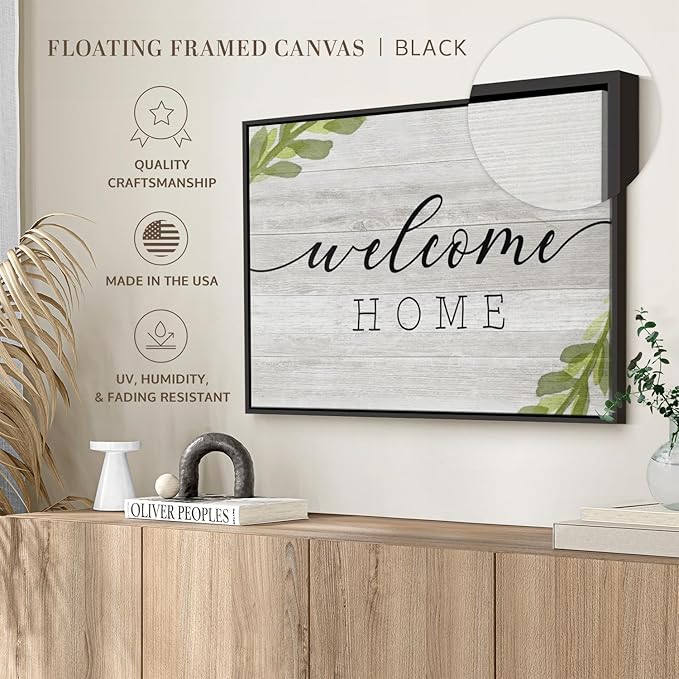 Elephant Stock Rustic Welcome Home Wall Art - Horizontal Floating Framed Canvas - 1-Piece Living Room Wall Decor - Digital Art Inspirational And Typography Canvas Print - Gray and Black Decor for Wall by Natalie Carpentieri - 31" X 21"