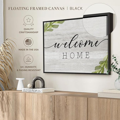 Elephant Stock Rustic Welcome Home Wall Art - Horizontal Floating Framed Canvas - 1-Piece Living Room Wall Decor - Digital Art Inspirational And Typography Canvas Print - Gray and Black Decor for Wall by Natalie Carpentieri - 25" X 17"