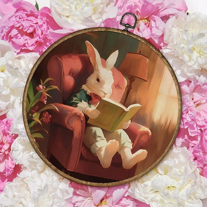 TLESKE Bunny Rabbit Reading Corner Nook Round Wall Art Decor Framed 10x10, Easter Bunny Canvas Wall Art Prints Artwork, Rabbit Wall Hanging Room Door Decorations Decor for Bedroom Reading Room
