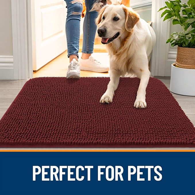 OLANLY Dog Door Mat for Muddy Paws 30x20, Absorbs Moisture and Dirt, Absorbent Non-Slip Washable Doormat, Quick Dry Chenille Mud Mat, Entry Indoor Entryway Carpet for Inside Floor, Caramel Russet