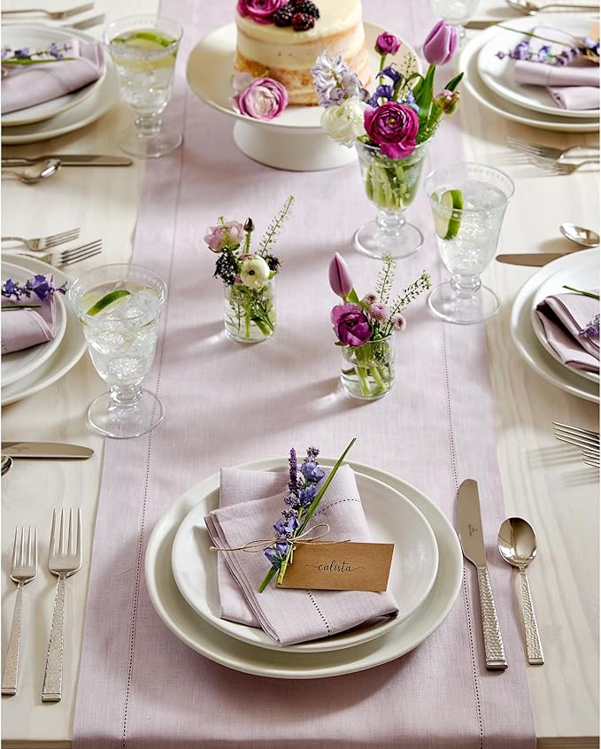 Solino Home Linen Lilac Table Runner 120 Inches Long - 100% Pure Linen Hemstitch 14 x 120 Inch Table Runner for Dining, Fall, Autumn, Christmas, New Year - Classic Hemstitch