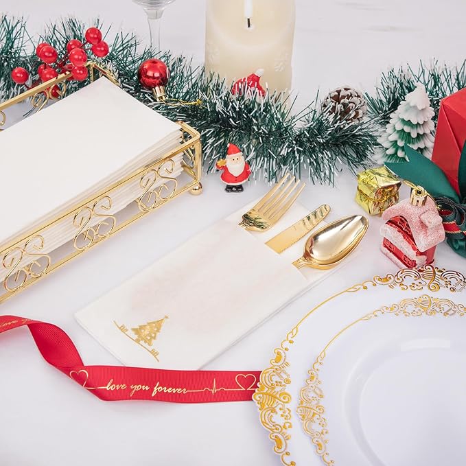 100PCS Christmas Napkins Disposable - Gold Paper Napkins with Built-in Flatware Pocket Prefolded Cloth Like - Heavy-duty Linen-Feel Dinner Napkins for Christmas & Party