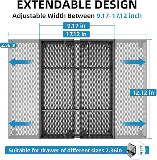 Marbrasse Expandable Desk Drawer Organizer, Mesh Drawer Organizer Tray with 10 Adjustable Compartments, Desk Organizers and Accessories, 5 Dividers Drawer for Office Supplies, Makeup & Vanity (Black)