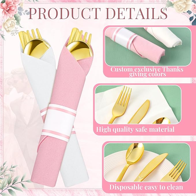 Lasnten 50 Pcs Pre-rolled Pink White Gold Plastic Silverware Set Disposable Plastic Cutlery Set with 50 Napkins, 50 Knives, 50 Forks and 50 Spoons for Wedding Birthday Parties