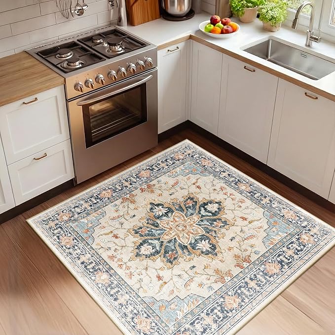 Area Rugs Square 4ft Washable Non-Slip, Floral Vintage Distress Print Pattern Medallion Carpet for Living Room Bedroom Dining Room, Beige Navy Blue Orange Colorful
