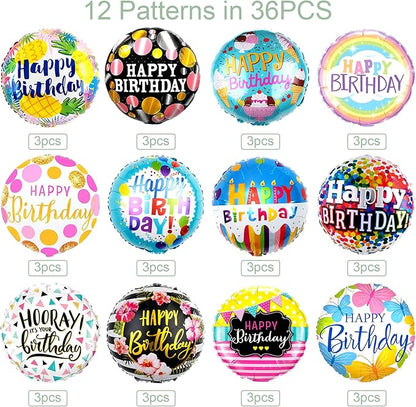 36PCS Happy Birthday Foil Balloons, 18" Round Helium Party Balloon Floating Inflatable Happy Birthday Balloons for Kids Birth Parties Baby Shower Decoration Supplies