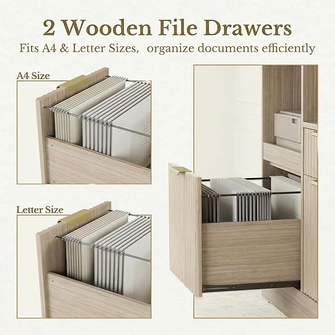 3 Drawer File Cabinet, Fluted Wood Lateral Filing Cabinet with Charging Station for Home Office, Fits for A4/Letter-Sized Files, Printer Stand with Open Storage Shelves, Natural Walnut