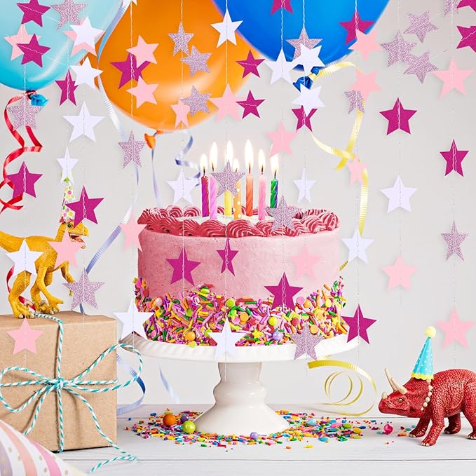 Patelai Glitter Star Garland Banner Christmas Decoration 130 Feet Star Hanging Bunting Banner Twinkle Backdrop for Homecoming Classroom Wedding Birthday Halloween Supplies(Pink,Rose Red,White)