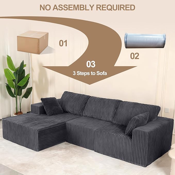 L Shaped Modular Boneless Sectional Couches for Living Room, Wide Armrest, Deep Seat, Memory Foam, Assembly Free, Modern Comfy Corduroy Fluffy Cloud Sofa with Left Chaise, Grey