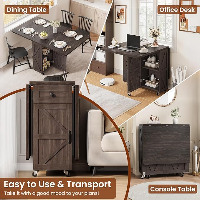 Space Saving Folding Dining Table for 2-4, Farmhouse Foldable Dining Table with Drawer and Storage Shelf, 6 Wheels Drop Leaf Kitchen Dining Room Table for Small Space (Walnut, 47.2" x 23.6" x 29.9")