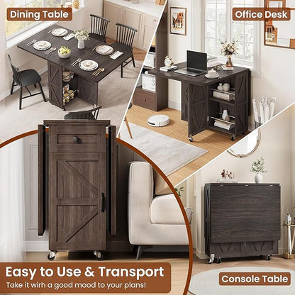 Space Saving Folding Dining Table for 2-4, Farmhouse Foldable Dining Table with Drawer and Storage Shelf, 6 Wheels Drop Leaf Kitchen Dining Room Table for Small Space (Walnut, 47.2" x 23.6" x 29.9")