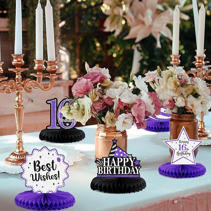 Happy 16th Birthday Decorations,16th Birthday Purple Glitter Shiny Stand Honeycomb Table Centerpieces - Cheers to Sixteen Years Old Birthday Party Photoprop Gift Sign.