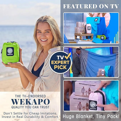 WEKAPO Beach Blanket Sandproof Waterproof, Extra Large Beach Mat, Oversized & Compact Sand Free Mat Quick Drying, Lightweight & Durable with Stakes & Corner Pockets