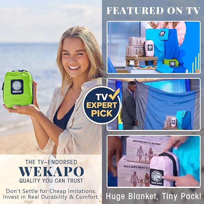 WEKAPO Beach Blanket Sandproof Waterproof, Extra Large Beach Mat, Oversized & Compact Sand Free Mat Quick Drying, Lightweight & Durable with Stakes & Corner Pockets