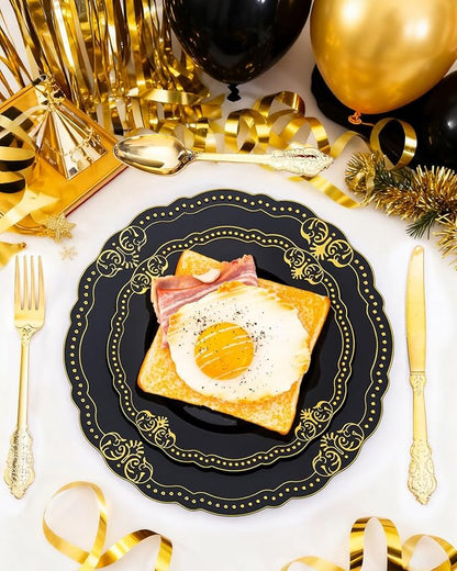Ciaell 175 PCS Black and Gold Plastic Plates - Black Disposable Dinnerware Set with 50 Plates, 25 Knives, 25 Forks, 25 Spoons, 25 Cups, 25 Napkins for New Year’s Day, Parties and Weddings