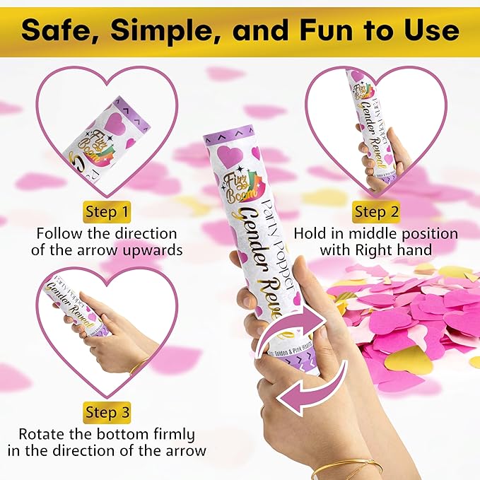 2 Pack Pink Heart-Shaped Confetti Poppers for Baby Gender Reveal | Pink Paper and Gold Mylar Baby Girl Party Supplies