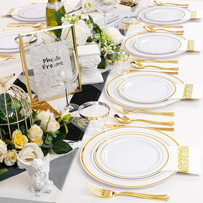 175 Pcs Gold Dinnerware Set, Plastic Plates Disposable for 25 Guests Include:25 Gold Rim Dinner Plates, 25 Dessert Plates, 25 Paper Napkins, 25 Cups, 25 Silverware Set Perfect for Party