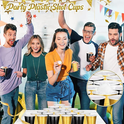 KesaPlan 100 PCS 12 OZ Plastic Cups, Party Cups Black and Gold Cups Disposable Drinking Cup Bulk For Christmas Graduation Wedding Birthday Halloween New Year Family Gathering Festive Celebrations