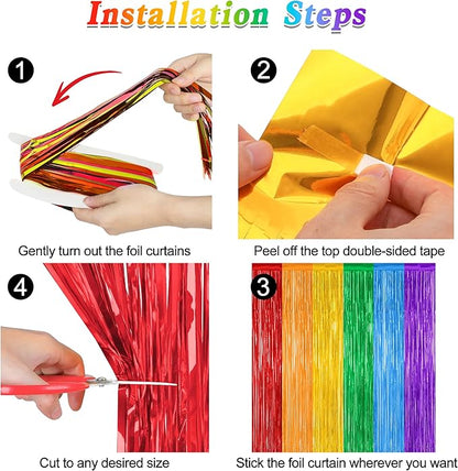 12 Pack Rainbow Backdrop, 3.28 FT x 7.05 FT Pride Decorations, Metallic Fringe Curtains Party Streamer Tinsel Backdrop, Rainbow Foil Curtains Birthday Party Decor Photo Booth Props