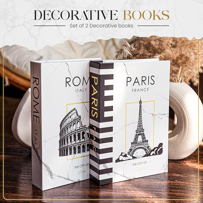 Decorative Book Pairs/Rome (White) Fake Books w/Hidden Storage for Coffee Table, Bookshelf or Mantle Decor w/Magnet Closure - Aesthetic Book Decor for Living Room, Bedroom, Entry Way, Keepsake