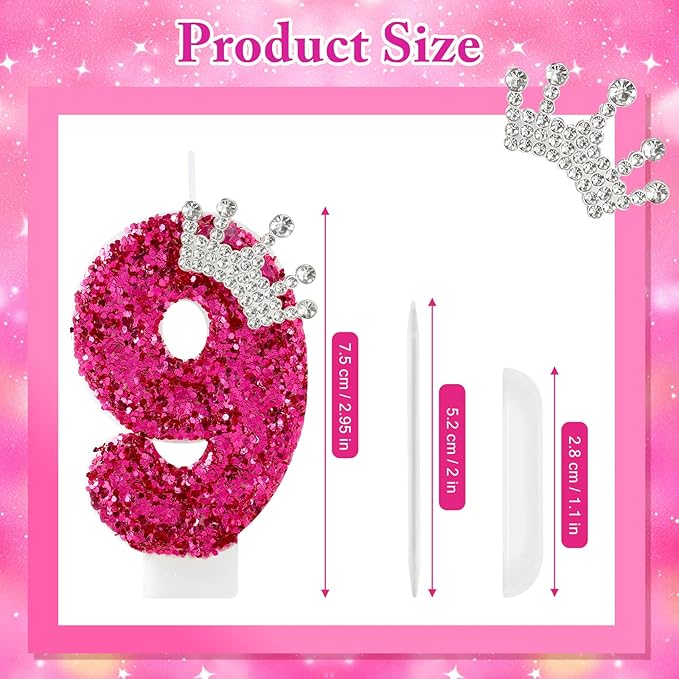 Hot Pink Birthday Candles Crown Number 9 Candle 9th Birthday Party Decorations Cake Topper Cupcake Decor for Anniversary Celebrations Supplies