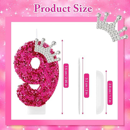 Hot Pink Birthday Candles Crown Number 9 Candle 9th Birthday Party Decorations Cake Topper Cupcake Decor for Anniversary Celebrations Supplies