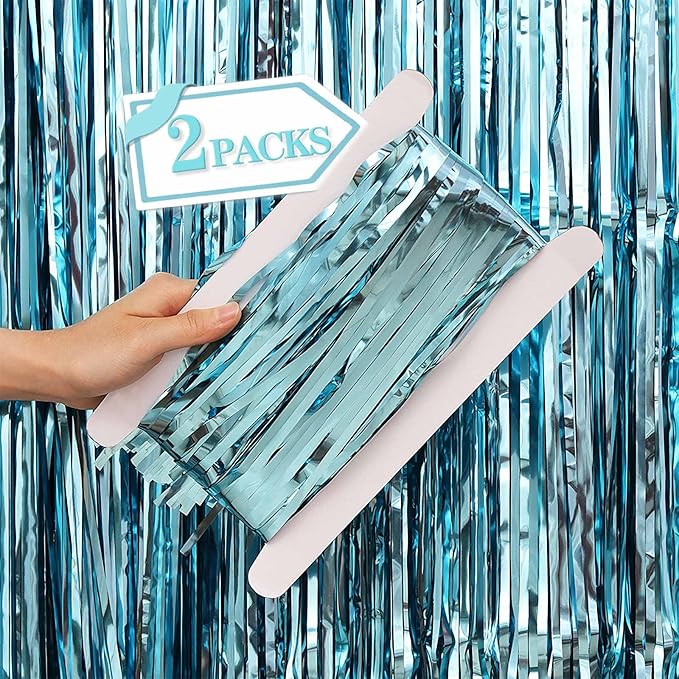 2 Pcs Light Blue Metallic Tinsel Foil Fringe Curtains Backdrop, 3.28 ft x 6.56 ft Streamers for Birthday Wedding Engagement Bachelorette Party Photo Booth Bridal Shower Baby Shower Decoration Supplies