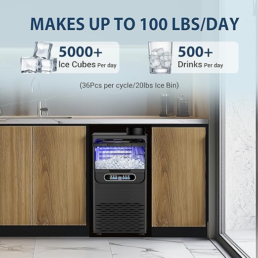 Commercial Ice Maker Machine 100 Lbs/24H, 36 Ice Cubes in 9-15 Mins, Dual Water Inlet Options, 20Lbs Storage Bin Stainless Steel Under Counter/Freestanding Ice Machine for Home, Party, Office
