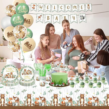 Woodland Baby Shower Decorations - Plates, Napkins, Cups, Cutlery, Cake & Cupcake Toppers, Banner, Hanging Swirls, Tablecloth, Balloons for Woodland Safari Birthday Party Decorations, Serve 24