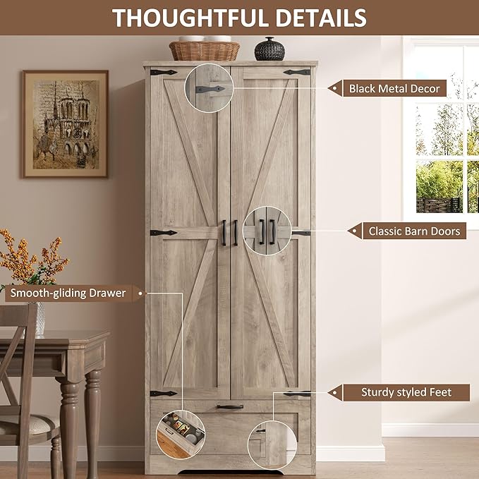 Vongrasig Kitchen Pantry Storage Cabinet with Barn Doors, Drawer and Adjustable Shelves, 4-Tier Tall Rustic Wood Cupboard Locker for Kitchen, Dining Room, Living Room, Bathroom, Rustic Grey