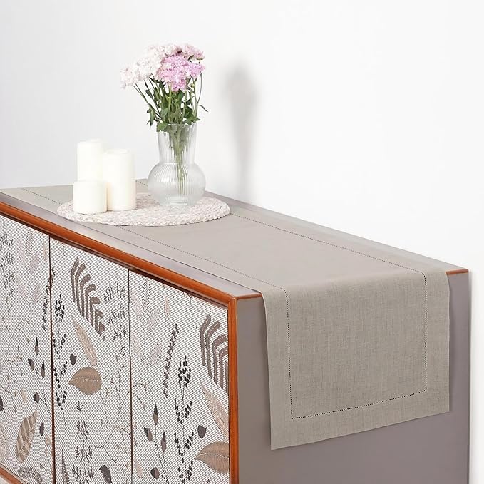 D'Moksha Homes Linen Natural Table Runner 72 Inches Long - 100% Pure Linen Hemstitch Table Runner 14 x 72 Inch for Dresser, Dining, Winter, Christmas, Holiday - Classic Hemstitch