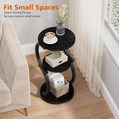 JUSTOGO Small Round Side Table, 3-Tier End Table for Living Room, Vintage Nightstand for Small Spaces Sofa Couch Corner Bedside Bedroom, S-Shaped Wood Accent Table Metal Coffee Table, Black