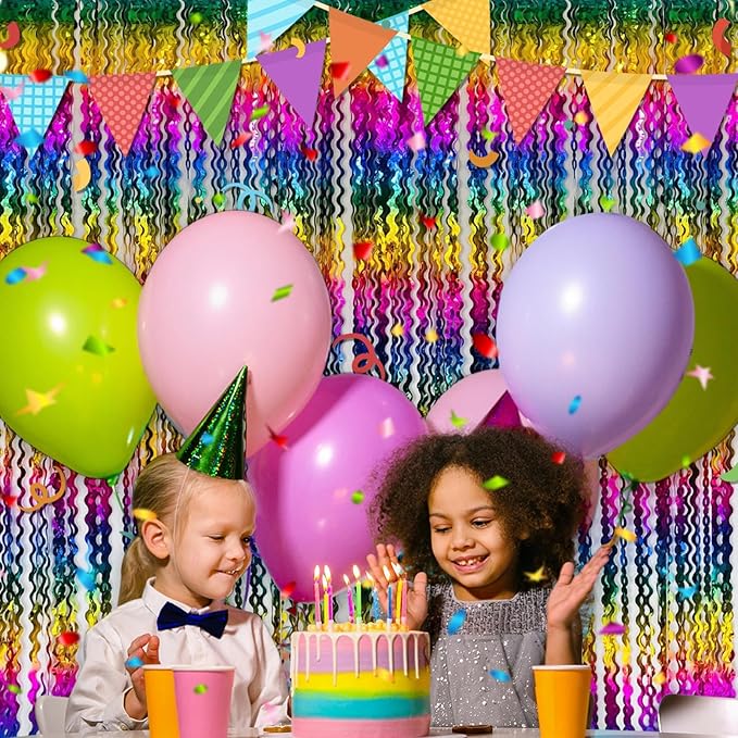 4 Pack Rainbow Fringe Curtain Backdrop 3.2Ft x 8.2Ft Metallic Tinsel Foil Fringe Streamers Background for Photo Booth Mother's Day, Easter, Carnival, Birthday, Wedding Party Decoration