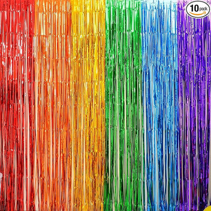 10 Pack Rainbow Backdrop Curtain 3.2ft x 8.2ft Metallic Tinsel Foil Fringe Curtains Photo Booth Background for Birthday Party Decoration Baby Shower Engagement Wedding Christmas Decoration (Rainbow)