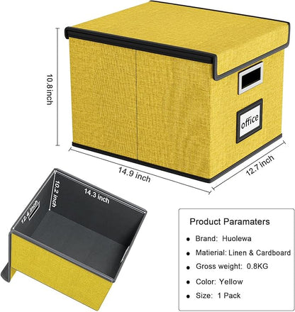 Huolewa File Organizer Box with Lid, Collapsible File Folder Organizer for Office Document Storage, Filing Box with Plastic Slide for Letter Size Hanging Files(1 Pack, Yellow)